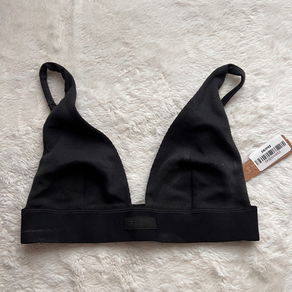 SKIMS Women's Cotton Rib Plunge Bralette Soot Black BR-PLG-0037 Women's XS NEW